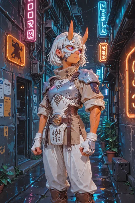 1girl, front view, oni girl, oni horns, athletic muscular body, orange body, orange skin, dark-orange horns, very short hair, messy hair, white hair, tomboy, tall female, large female, purple eyes, small iris, sanpaku, frowns, looking to the side, armoured...