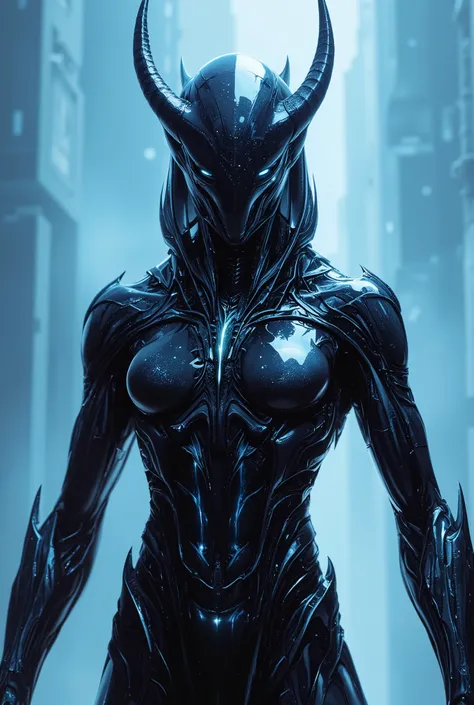 A sleek and powerful alien warrior made of translucent obsidian glass, with smooth, fluid contours and sharp, horned helmet. Reflective surface with subtle inner light, like liquid metal or black crystal. Hyperrealistic detail, sci-fi surreal aesthetic, am...