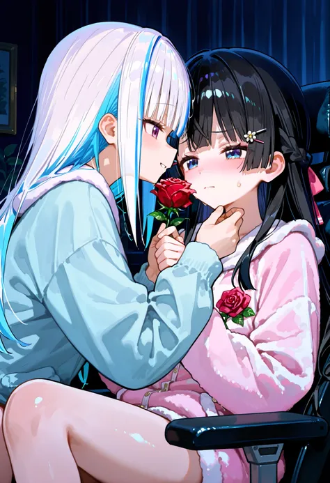 Tsukino Mito sits。Tsukino Mito (Nijisanji)、dark room。face to face。1 rose flower。loungewear。sad expression、Machine Chair。Hand Handing Over One Rose。Lize Helesta's hand、encourage。2 girls