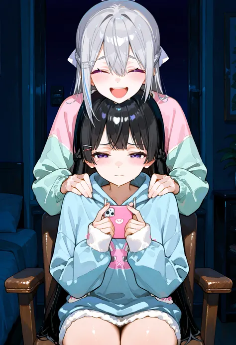 Tsukino Mito (Nijisanji)、dark room。line up。Encourage each loungewear。sad expression、for men sitting on a chair。Laughing Higuchi Kaede。2 girls、Stuffy Eyebrows、laughing next to me encourages me by holding my shoulders with my hands。