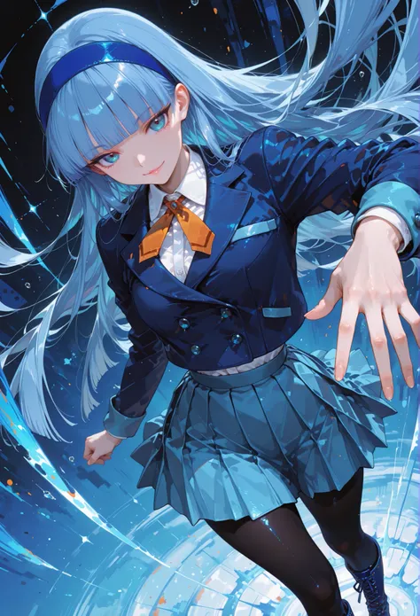 1girl, ryuuzaki umi, blue eyes, blue hair, blunt bangs, long hair, blue hairband, school uniform, blazer, blue jacket, long sleeves, collared shirt, orange ribbon, white shirt, blue skirt, pleated skirt, black pantyhose, blue footwear, boots, standing, abs...