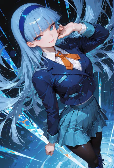 1girl, ryuuzaki umi, blue eyes, blue hair, blunt bangs, long hair, blue hairband, school uniform, blazer, blue jacket, long sleeves, collared shirt, orange ribbon, white shirt, blue skirt, pleated skirt, black pantyhose, blue footwear, boots, standing, abs...