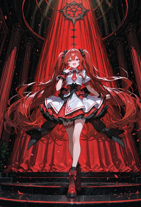 Ones, 748cmstyle, High contrast, medium dynamic colors, Nice idol girl singing on stage, intense lightblue-eyes, very long long long wavy platinum red-red-hair in magician stage fron her fans background.
