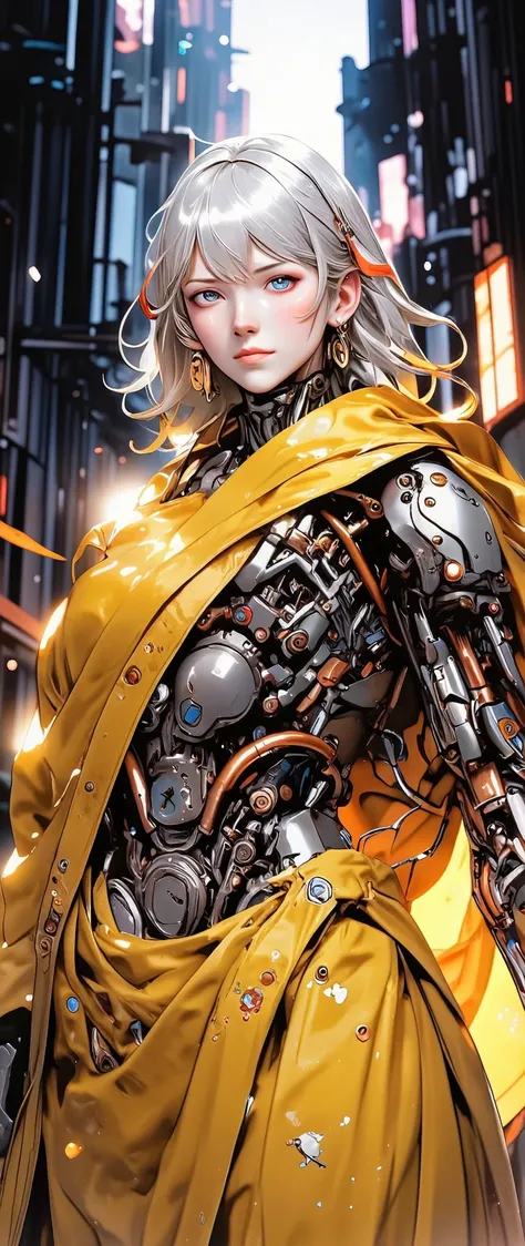 (masterpiece:1.2),(Highest Quality),(super detailed),(ultra high resolution),(best illustration),8k,Wallpaper,beautiful female cyborg,Full Body,psychedelic,Yellow costume、vector art,layered texture,progressive, Neo Tokyo