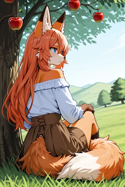 Create a furry fox woman. She is 25 years old. She has brown shoulder length hair. Orange fur. Blue eyes. She's wearing a white shirt with a brown skirt. She's sitting, curled up under a big apple tree, resting her back on it. The apple tree is the only one in a grassy field. In the background there are trees and roofs sticking out. The houses are made out of wood and hay. The fox woman is staring away from the camera with a solemn look. Her tail is fluffy and sizeable as it rests on the grass. Don't make the apples too big
