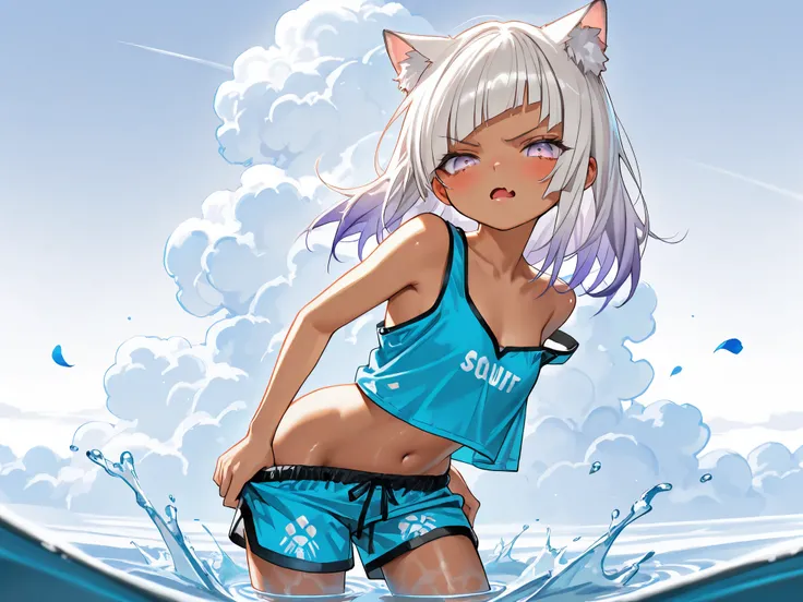 ((Masterpiece)), ((best quality, amazing quality)), ((very aesthetic, absurdres, newest, detailed background)), ((Intense backlighting)), ((1girl)), Cute young Girl, (Healthy Gaunt body, Textured skin, small breast, tilt head), ((brown-skinned)), (pale pur...