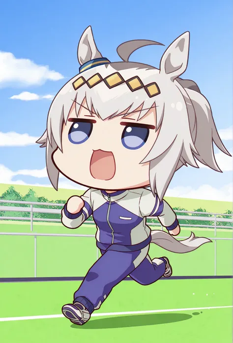 ( chibi:1.3),Oguri Cap \(Uma Musume\), Running, solo, Horse Ears, Tail, horse Tail, open your mouth, jacket, stupid hair, ponyTail, underwear, long sleeve, cloud, null, track jacket, Outdoors, chest, day, various hairstyles, blue null, shoes, purple u...
