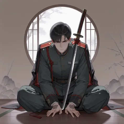 masterpiece, best quality, very aesthetic, newest, absurdres, highres, yuyuhuadiao, 1boy, solo, short hair, male focus, black hair, waist-deep, military uniform, looking at viewer, tattoo, very highly detailed face, japanese style, japanese style backgroun...