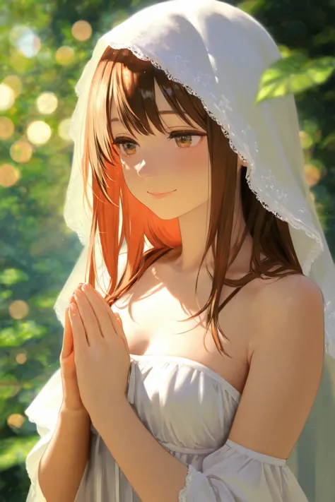 Praying woman、small beautiful breasts、Delicate characteristics of portraits deep in the mountains、contemplative expression、Ample chest、Lush natural background、Smooth gloss、High-resolution realistic oil painting、4K realistic texture、delicate detail to hold ...