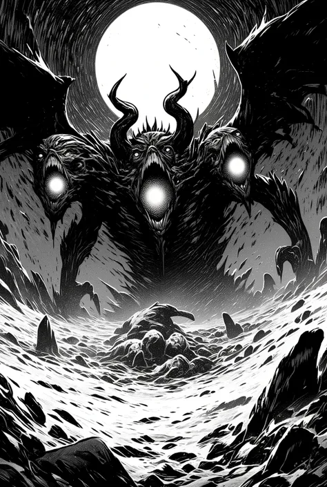 monochrome, Gustave Doré style, woodcut, Masterpiece, best quality, amazing quality, absurdres, in a vast frozen cavern, wide open space, 9th Circle of Hell, Lake Cocytus, (MLP King Sombra as Lucifer), frozen up to his waist in ice, uselessly beating her w...