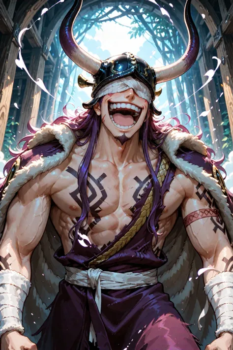 loki from one piece, viking, black helmet with horns in the front, laughing, purple long hair, thin long bottom goatee, muscles, white bandages over eyes, large wooly coat, tribal tattoo 