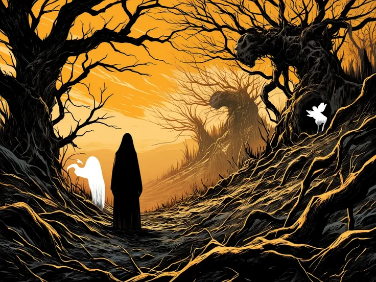 monochrome, woodcut, Masterpiece, best quality, amazing quality, absurdres, flat angle, from side, (2characters), walking in a forest of dead trees, (Sunset Shimmer as Dante Alighieri\(human, girl, female, Walking)\), (human Pinkie Pie as VIrgil\(girl, a g...
