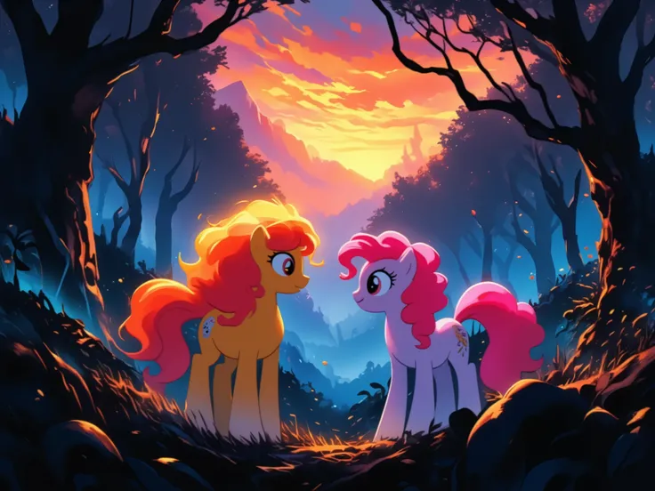 Sunset Shimmer meeting Pinkie Pie in a dark wood