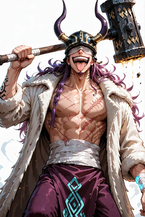 loki from one piece, viking, black helmet with horns in the front, laughing, purple long hair, thin long bottom goatee, muscles, white bandages over eyes, large wooly coat, tribal tattoo, holding giant metal rectangular hammer, scars chest, tongue out