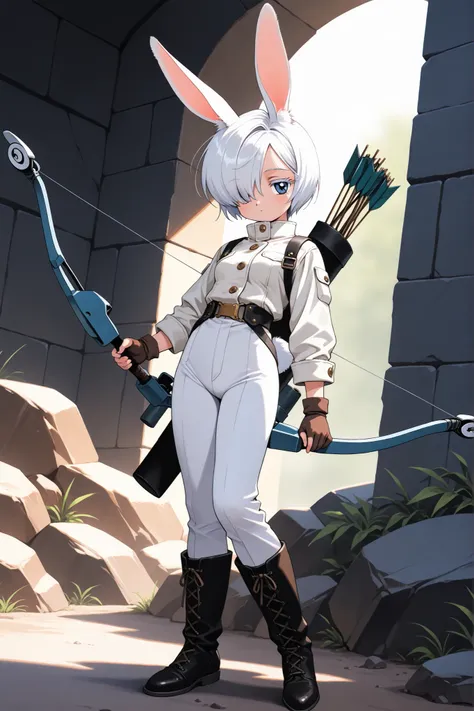 (masterpiece, detailed:1.2), 1990s (style), 1girl, animal ears, animal tail, arrows, black boots, blue eyes, boots, bow (weapon), bow on back, buttons, closed jacket, colored eyelashes, compound bow, cross-laced footwear, eyelashes, film grain, hair over o...
