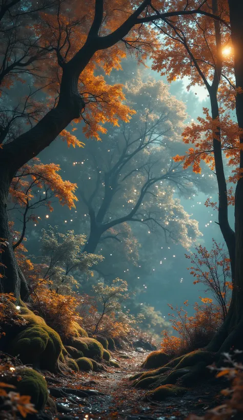 Mystical forest, ((full shot)), ((fireflies flying in the air)), idyllic, dreamy, fantasy:1.3)),
Mystical autumn forest, golden leaves falling gently, soft fog between trees, moss-covered roots, warm low sunlight, painterly textures, peaceful and meditati...