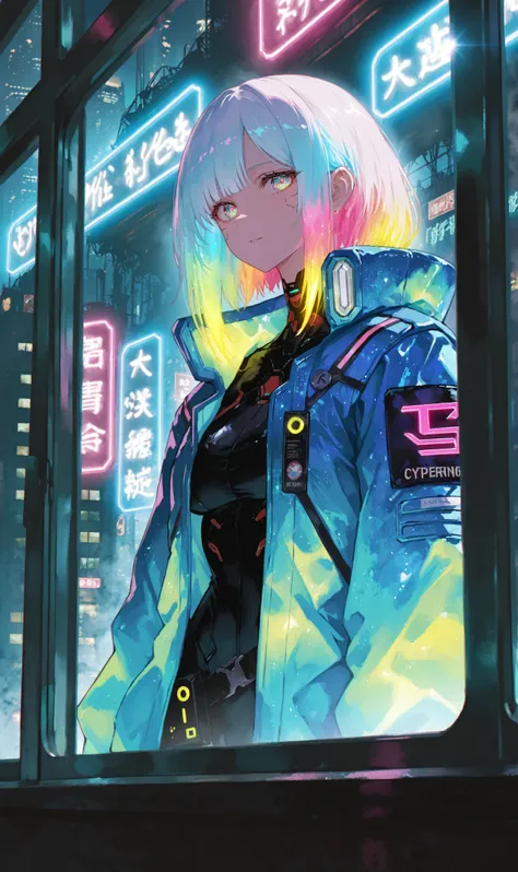 multicolored eyes, colourful glowing hair, wearing sci-fi jacket, anime style, high detail, Futurism, glowing light, UHD, retina, masterpiece, ccurate, anatomically correct, textured jacket, super detail, high details, high quality, award winning, best qua...
