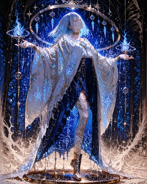 mestra, natural lighting, noite, sombras perfeitas, Ray Tracing, imagem detalhada, perfect human anatomy, be ethereal and androgynous wearing long veils in dark blue tones, fluid and translucent, layered clothes floating, pale skin like porcelain with a bl...