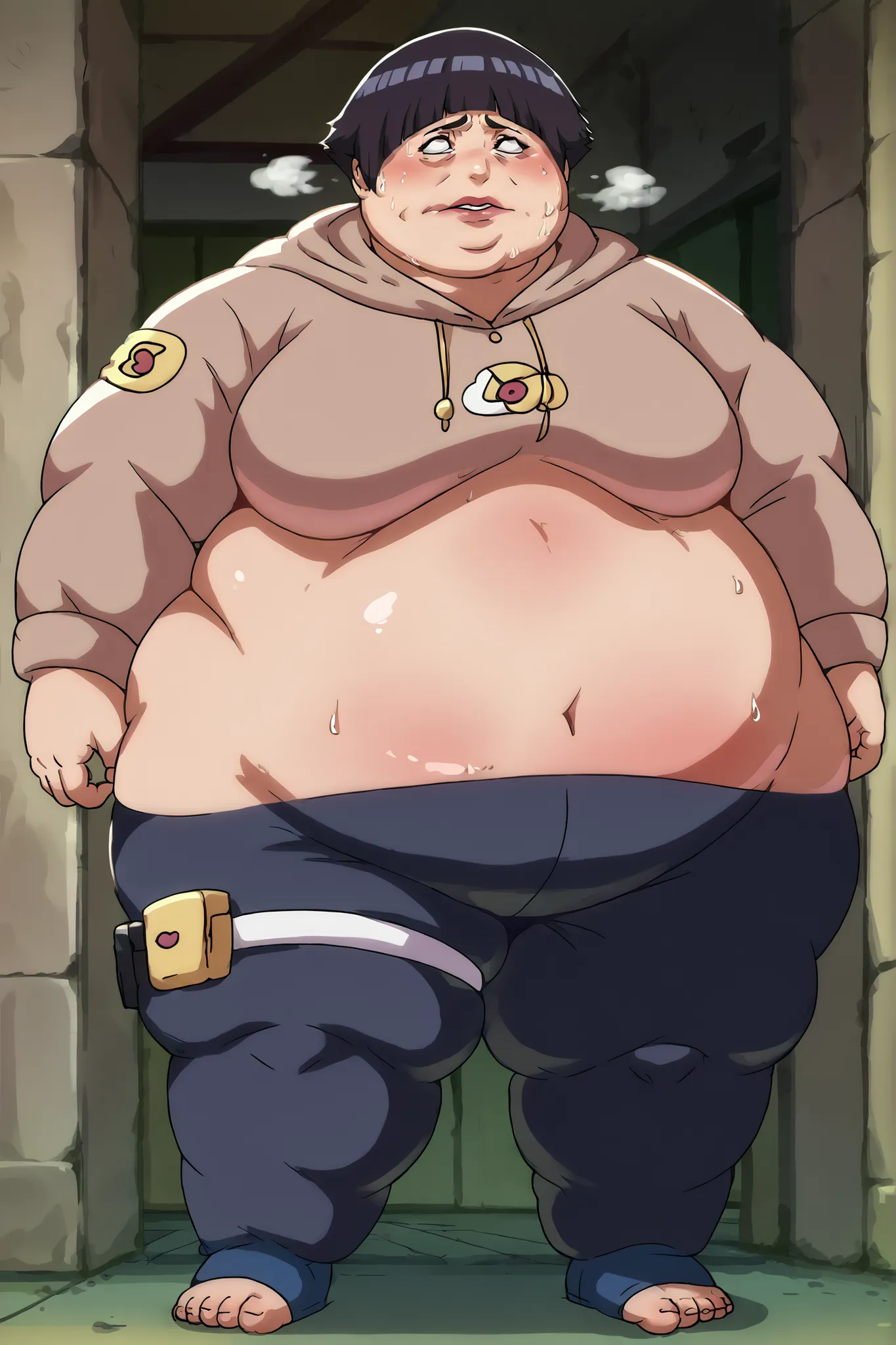 Phyrne Jameel, score_9, score_8_up, score_7_up, anime screencap BREAK,
1girl, hyuuga hinata, short hair, black hair, no pupils, blunt bangs, shiny hair, white eyes, hoodie, hood down, long sleeves, capri pants, forehead protector, standing, milf, mature, s...