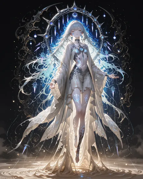 mestra, natural lighting, noite, sombras perfeitas, Ray Tracing, imagem detalhada, perfect human anatomy, to be ethereal and androgynous wearing long veils, fluid and translucent, layered clothes floating, pale skin like porcelain with a bluish tint, clos...