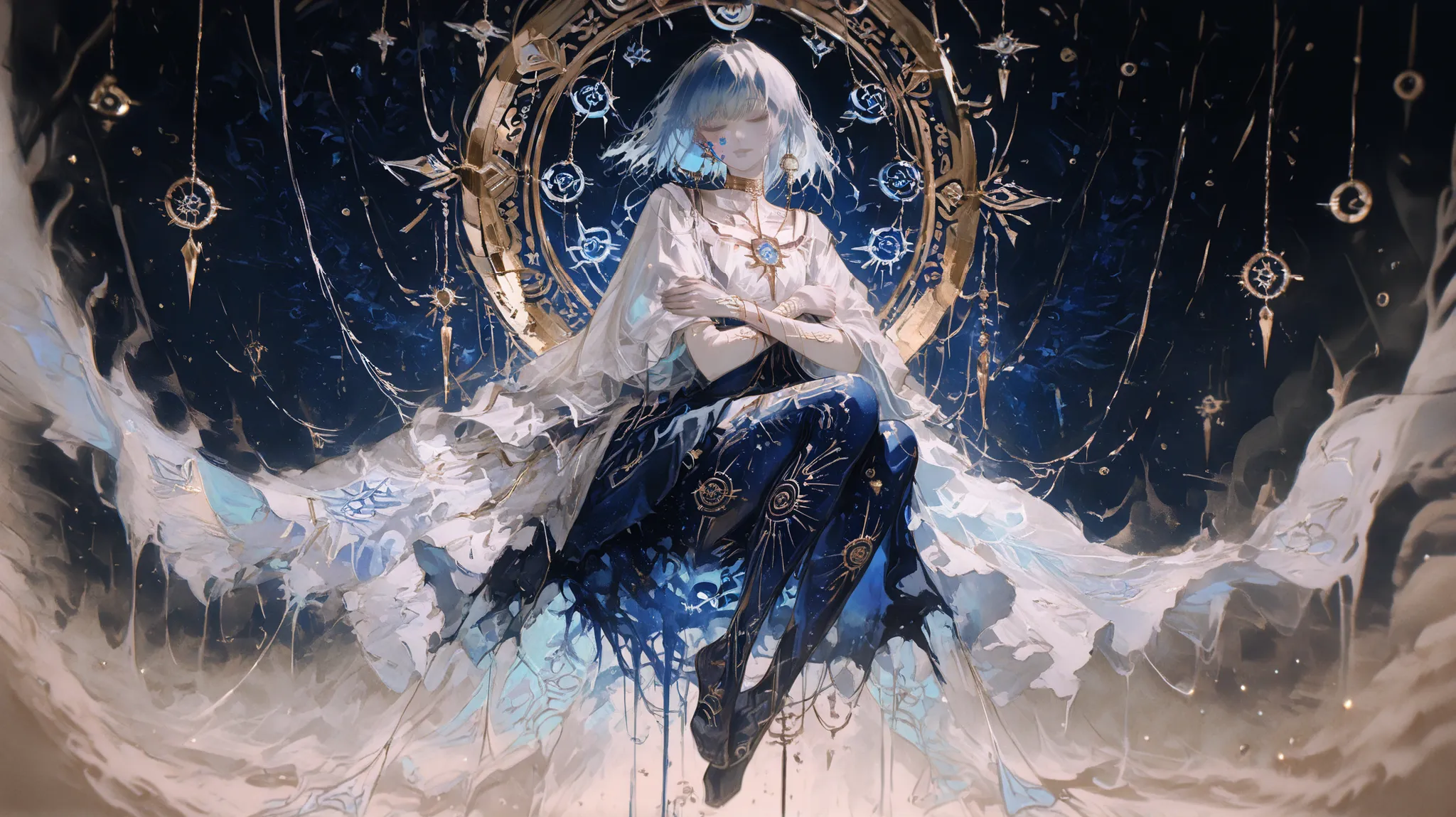 mestra, natural lighting, noite, sombras perfeitas, Ray Tracing, imagem detalhada, perfect human anatomy, be ethereal and androgynous wearing long veils in dark blue tones, fluid and translucent, layered clothes floating, pale skin like porcelain with a bl...