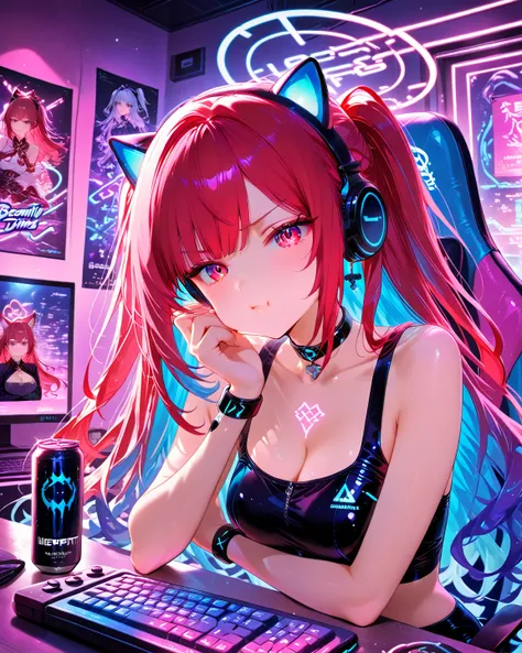 A beautiful red-haired woman with long flowing hair, wearing a cute cat-ear headset, sitting in front of her RGB-lit gaming PC. The screen shows a big message: "No Internet Connection." She looks frustrated and pouty, with her arms crossed and lips in a dramatic pout. Her eyes are narrowed, cheeks puffed slightly, giving a bratty yet adorable expression. The room is dimly lit with neon lights in purple and blue tones, with posters, plushies, and energy drinks around. Soft ambient lighting, anime-inspired style, highly detailed, 4K, expressive and cute mood.
