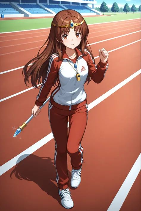 A priestess with long brown hair, wearing a gold circlet, an ADIDAS style track suit and whistle around her neck, holding a small rod with a blue crystal tip, standing outside on a running track, in full view in a highly detailed anime style