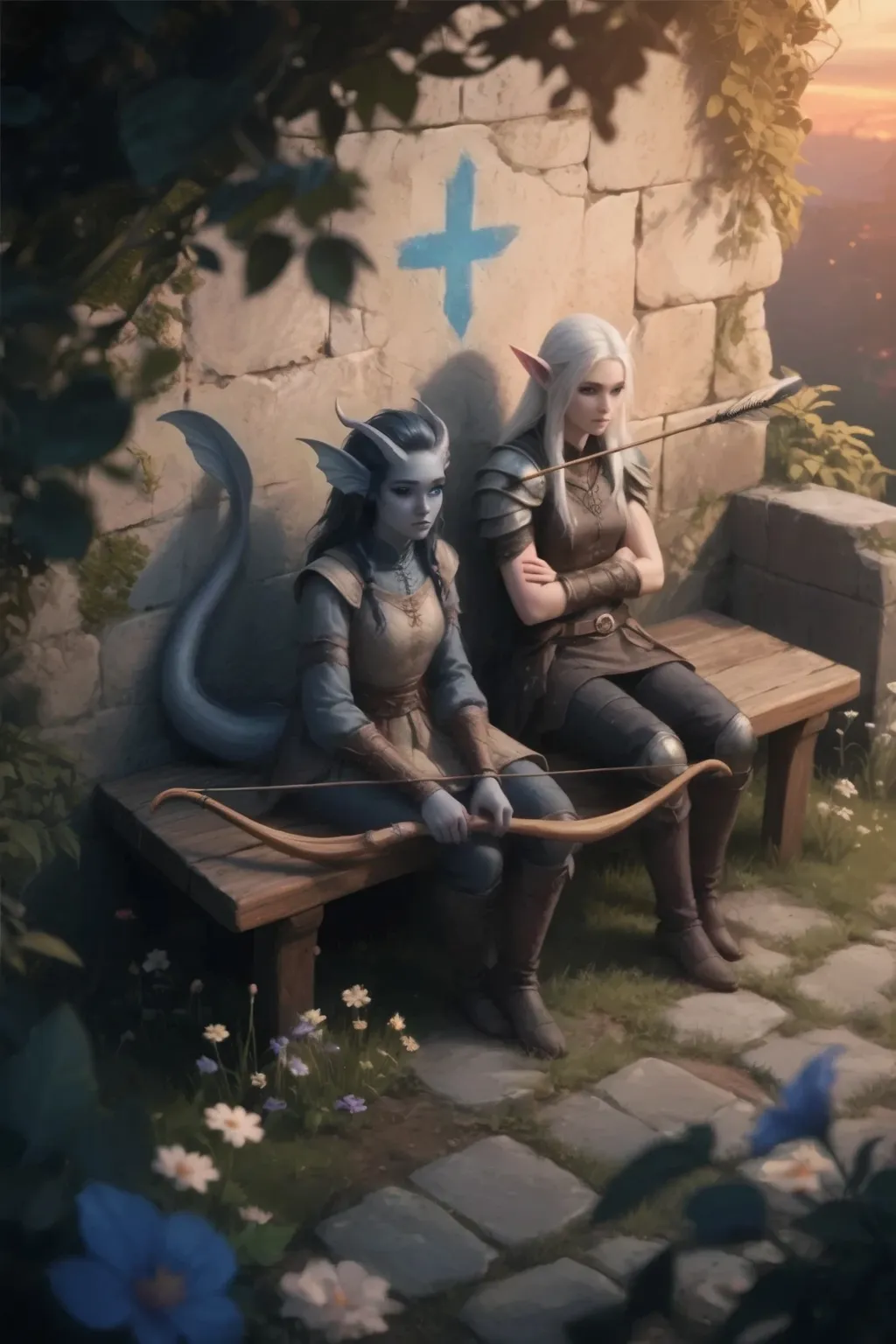 Top view through foliage.
Two creatures are sitting side by side on a wooden bench: , with her head tilted, sits a sad Cedar with dark blue-gray skin and 2 fins on her head and a long thick gray tail dressed in light leather armor with medieval pants and holding a wooden bow in her hand.
A proud tall elf girl in medieval leather armor sits next to her and has her arms crossed on her belt. A long arrow with plumage on the handle sticks out of the elf girl's shoulder.
On the stone wall behind, a symbol is painted with paint "+".
The foliage in the foreground is very blurred and darkened.
There are paving stones slightly covered with grass on the floor. There are several wildflowers near the bench.
Closed composition, , heavily shaded along the edges by foliage or other elements.
The lighting is bright in the center and dark at the edges, , which allows you to add depth and darken all secondary. The frame is filled with sunset light,  hair very bright . 
lots of details. Nice soft shades and pastel colors. blue shades predominate. amazing quality,  8 k,   Ultra HD, impressive lighting. fantasy genre, dramatic lighting. Highly detailed digital art style. The composition is very rich in details.