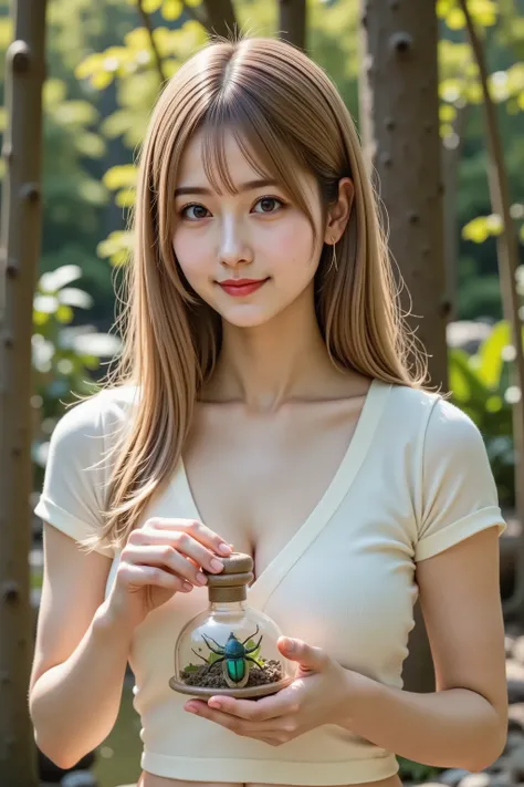 Catherine,hair styled in aplatinum blonde, gold hair, professional photography, masterpiece, high resolution, an upper body portrait of a 20-year-old Japanese woman with a pure and delighted smail, on a successful insect-collecting trip in a summer forest....