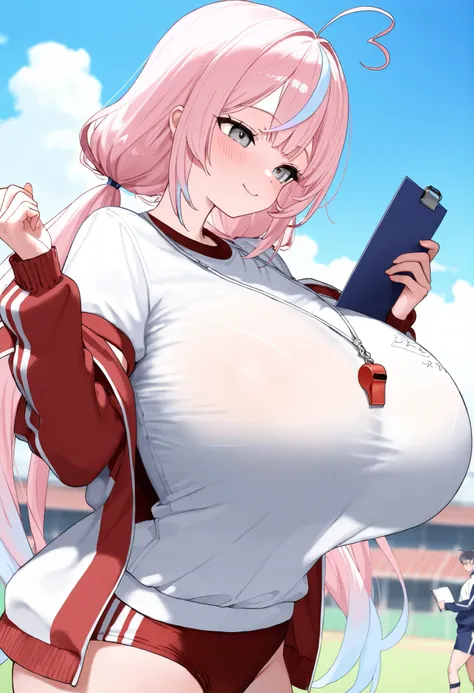 1girl,pink hair,light blue highlights, low twintails,m shaped bangs,long hair,heart ahoge,grey eyes,large breasts,slender,thin waist, cute face, gym uniform, track jacket, open clothes, open jacket, long sleeves, whistle around neck,white shirt, red buruma...