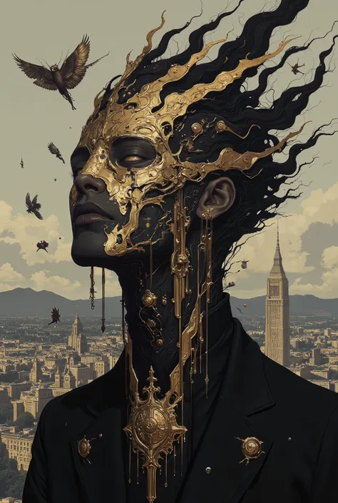 Worship, mechanics, strange head format char, parts, machinery, artificial, synthetic, beauty, sadness, blue, dance, happiness, joy, dawn gray sky, dark surrealism style, dark sci-fi style. long combat dress, muted colors and shades, classy, powerful, mesm...