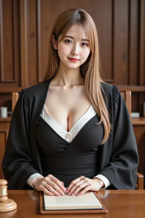 Catherine,hair styled in aplatinum blonde, gold hair, professional photography, masterpiece, high resolution, an upper body portrait of a 20-year-old poised and authoritative Japanese woman with a solemn, impartial, and thoughtful smail, sitting as a judge...