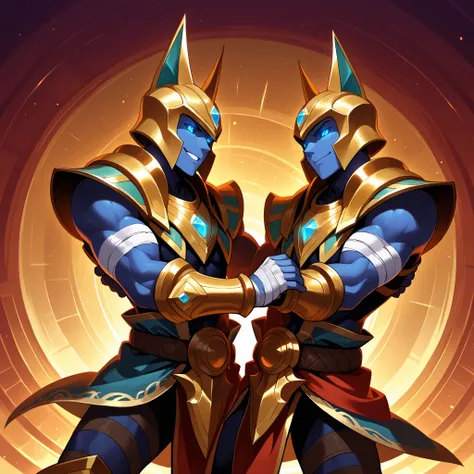 nasuspdxl, male, armor, helmet, bandages, loincloth, gauntlets, blue eyes, glowing eyes, colored sclera, dancing, happy, abstract background
