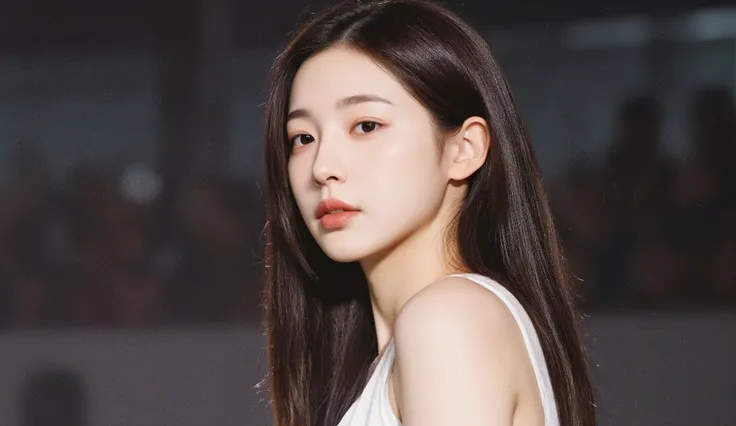 a shoulder-up candid photo of a 20-year-old Korean woman on a real concert stage, photographed with a DSLR, natural lighting, detailed skin texture, soft background blur, minimal or stage makeup, unique facial features, ultra photorealistic, not digital ar...