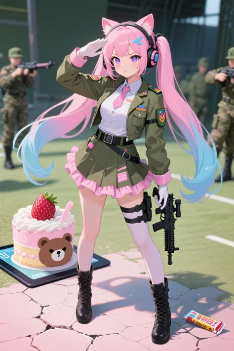 帮我生成图片：((soft military instructor)), 1girl, petite figure, (sparkling eyes:1.3), gradient pink-blue twin tails, (hybrid uniform: military jacket + frilled skirt), thigh-high tactical boots, cat-ear headset, (saluting with blush), dynamic pose, vibrant pastel color palette **人设公式：** 新兵训练营S级教官 × 隐藏甜食控 × 傲娇式关怀  
**经典台词：**  
「笨、笨蛋！不是这样握枪的啦！(抢过武器演示) 要像...像对待草莓蛋糕一样温柔！」  
「加练？才不是担心你跟不上...是怕你拖累全队成绩！(偷偷塞能量棒)」  
**隐藏设定：**  
- 战术平板待机画面是草莓小熊  
- 愤怒时会无意识跺脚（地面会出现裂纹特效）  
- 被夸奖时会触发系统错误式呆滞(´⊙ω⊙`)。比例 9:16。