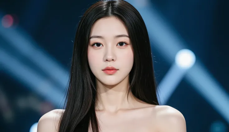 a shoulder-up candid photo of a 20-year-old Korean woman on a real concert stage, photographed with a DSLR, natural lighting, detailed skin texture, soft background blur, minimal or stage makeup, unique facial features, ultra photorealistic, not digital ar...