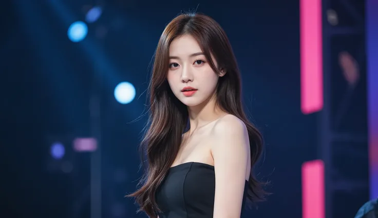a shoulder-up candid photo of a 20-year-old Korean woman on a real concert stage, photographed with a DSLR, natural lighting, detailed skin texture, soft background blur, minimal or stage makeup, unique facial features, ultra photorealistic, not digital ar...