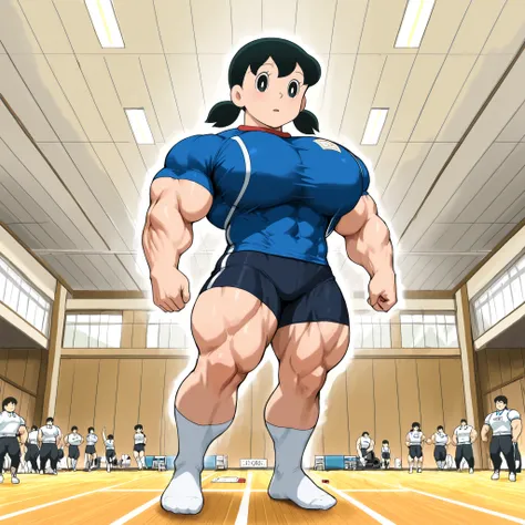 score_9, source_anime, rating_safe BREAK 1girl, solo, minamoto shizuka \(doraemon\), black hair, low twintails, short twintails, black eyes, white solo, long Shot, long shot, big pec's, over-sized breast, Gym instructer uniform, blue shirt black pant's, no...
