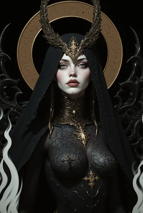 I want to create a medium shot dedicated to portraying Lilith as a dark nun in a blasphemous habit that shows cleavage and lots of skin in an erotic way and wearing a spiked halo crown, queen of demons, first wife of Adam, first succubus. masterpiece. bes...