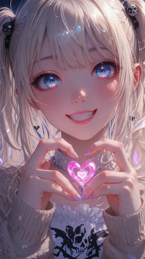 heart hands, 4-Finger Heart Hands,perfect hands,solo,bangs,eye focus,face,close-up,sparkle,looking at viewer,glowing,eyelashes,eye_focus,hand,Dynamic lighting,HDR,split leg forward bend,,29 year old female dressed in an oversized cream cardigan and a black...