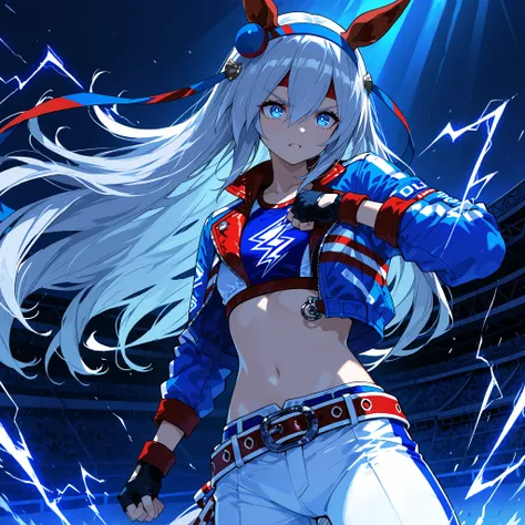 tamamo cross(Uma Musume), wearing her race outfit, R4CE,blue jacket,white pants ,belt,crop top,navel,midriff,lightning bolt symbol,fingerless gloves , intense and determined expression, surrounded by a cool dark blue aura, swirling energy and fighting spir...