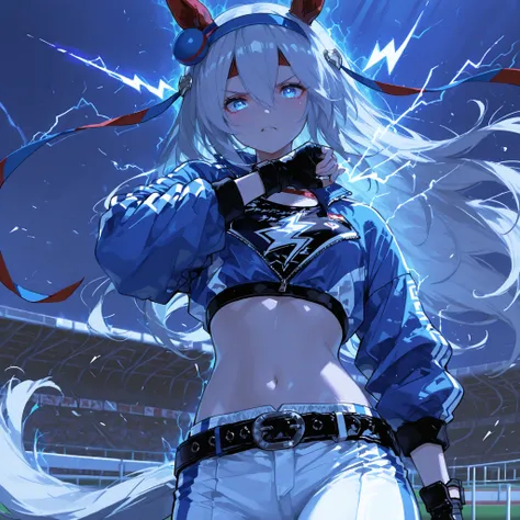 tamamo cross(Uma Musume), wearing her race outfit, R4CE,blue jacket,white pants ,belt,crop top,navel,midriff,lightning bolt symbol,fingerless gloves , intense and determined expression, surrounded by a cool dark blue aura, swirling energy and fighting spir...