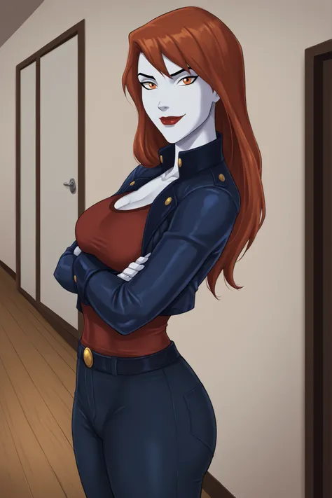 PonyXLV6_Scores BREAK (perfect anatomy, perfect eyes), BREAK mgann morzz, long hair, red hair, colored skin, frost white skin, orange eyes, makeup, dark red lipstick, ((looking at viewer)), superhero, navy leather jacket, red tank top, navy leather pants, ...