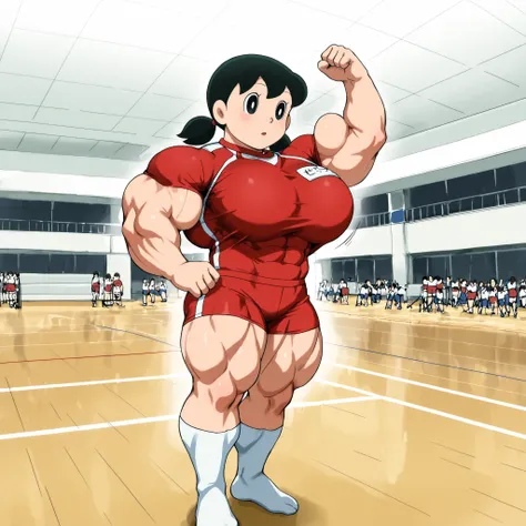 score_9, source_anime, rating_safe BREAK 1girl, solo, minamoto shizuka \(doraemon\), black hair, low twintails, short twintails, black eyes, white solo, long Shot, long shot, big pec's, over-sized breast, Gym instructer uniform, no shoe's, upper body shot,...