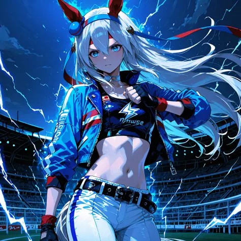 tamamo cross(Uma Musume), wearing her race outfit, R4CE,blue jacket,white pants ,belt,crop top,navel,midriff,lightning bolt symbol,fingerless gloves , intense and determined expression, surrounded by a cool dark blue aura, swirling energy and fighting spir...