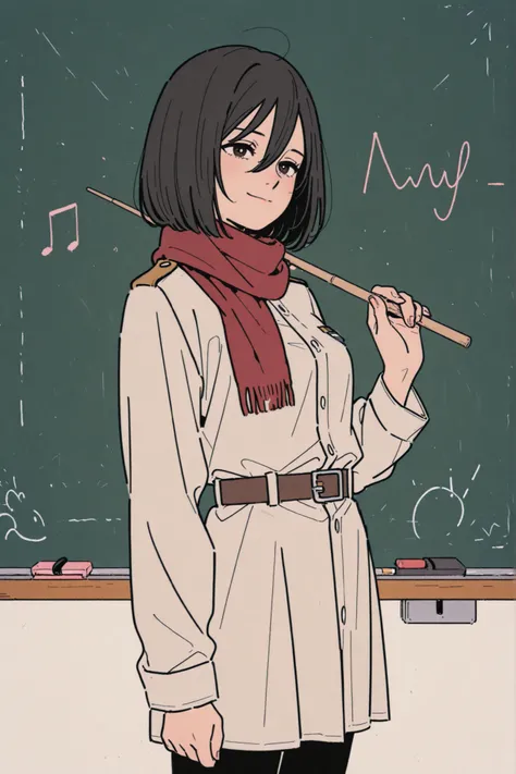 anime style, mid-shot of a sweet female instructor inspired by Mikasa Ackerman, holding a long wooden pointer in one hand while teaching, short black hair with straight bangs, calm and kind expression with a faint smile, wearing a modern military-inspired ...