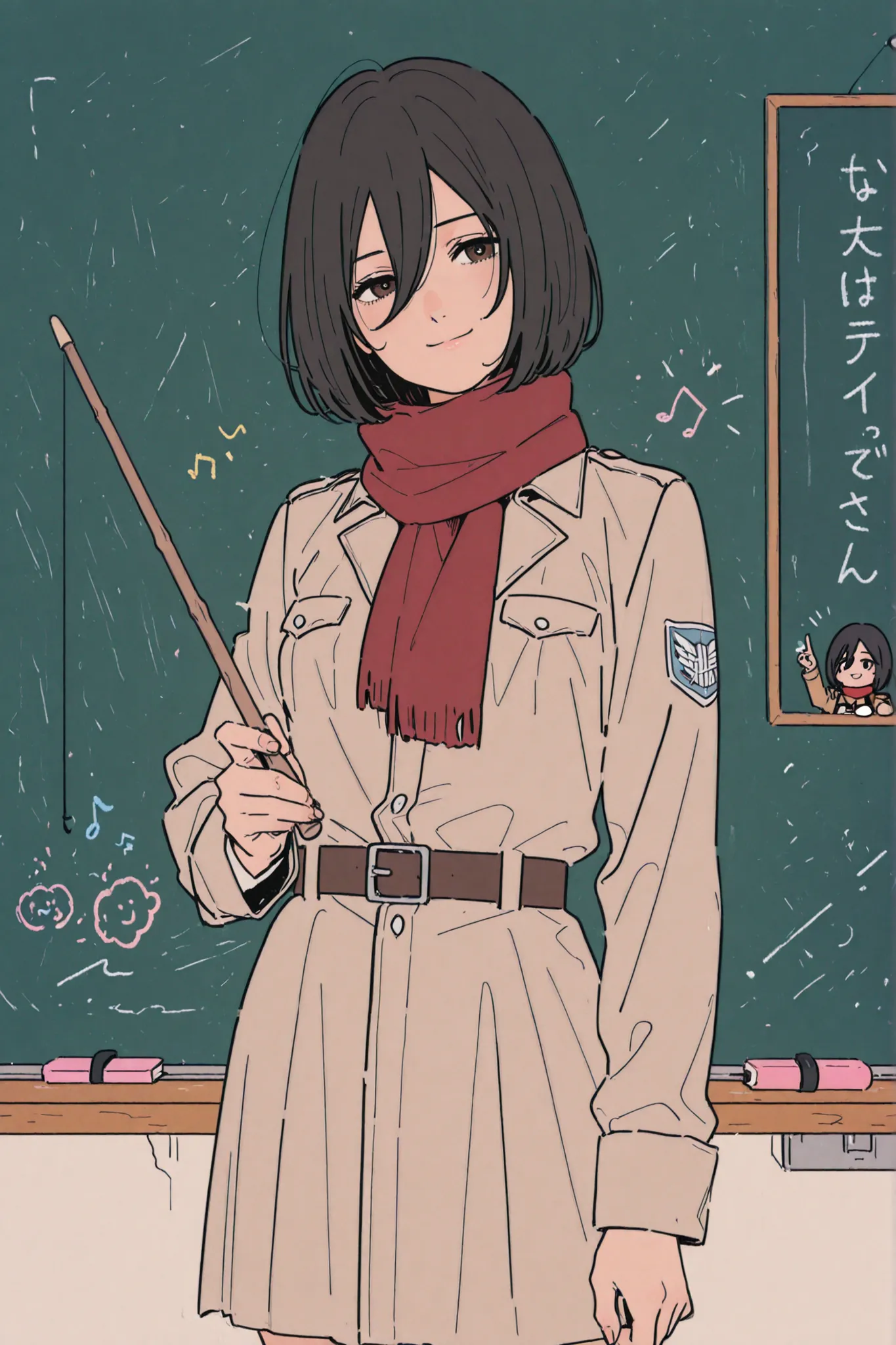 anime style, mid-shot of a sweet female instructor inspired by Mikasa Ackerman, holding a long wooden pointer in one hand while teaching, short black hair with straight bangs, calm and kind expression with a faint smile, wearing a modern military-inspired ...
