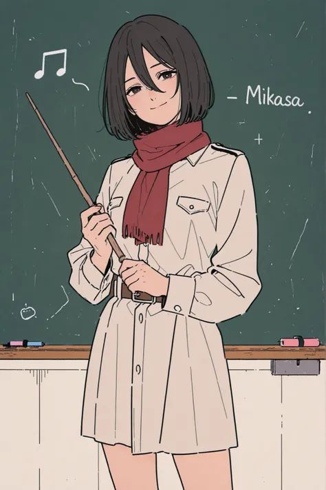 anime style, mid-shot of a sweet female instructor inspired by Mikasa Ackerman, holding a long wooden pointer in one hand while teaching, short black hair with straight bangs, calm and kind expression with a faint smile, wearing a modern military-inspired ...