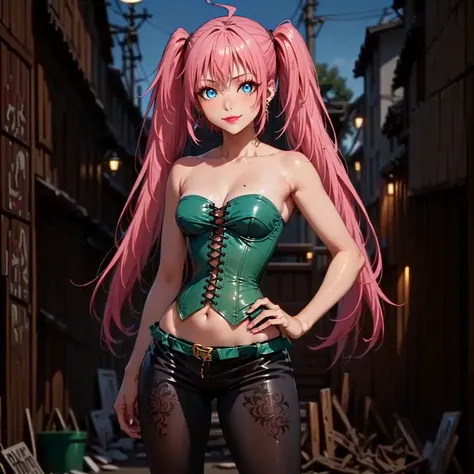 ((1girl, solo ,alone)), ((solo, 1woman, ((milim nava, small bust, twintails, ahoge, blue eyes, long hair, pink hair, small breasts,)), woman, earrings, Extremely detailed, ambient soft lighting, 4k, perfect eyes, a perfect face, perfect lighting, a 1girl)), ((solo, (1woman, gold earrings), Extremely detailed, ambient soft lighting, 4k, perfect eyes, a perfect face, perfect lighting, a 1girl)), , ((fitness,, shapely body, athletic body, toned body)),  ((smug, flat chest, plunge corset, green corset, leather pants, city, street, night, lace up corset, red lipstick, shy smile, cleavage, sexy, intricate details corset, intricate pattern print corset))