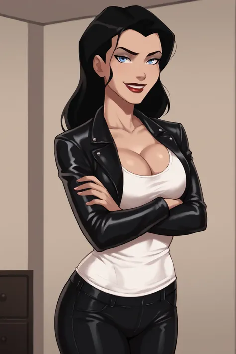 safe_pos, PonyXLV6_Scores BREAK ((parody style, parody), perfect anatomy, perfect eyes, cowboy shot), BREAK zatanna, black hair, blue eyes, dark red lipstick, makeup, ((looking at viewer)), curvy, athletic, large breasts, cleavage, smile, seductive express...